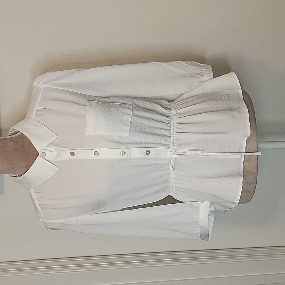 Monteau, Size XL White Faux Drawstring Waist Silky Feel Blouse, NEW with Tags